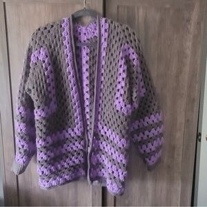 Chunky Knit Purple and Brown Cardigan Sweater